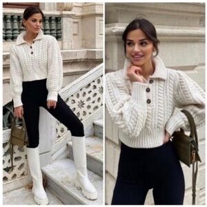 Zara Chunky Cropped Cable Knit Wool Blend Sweater